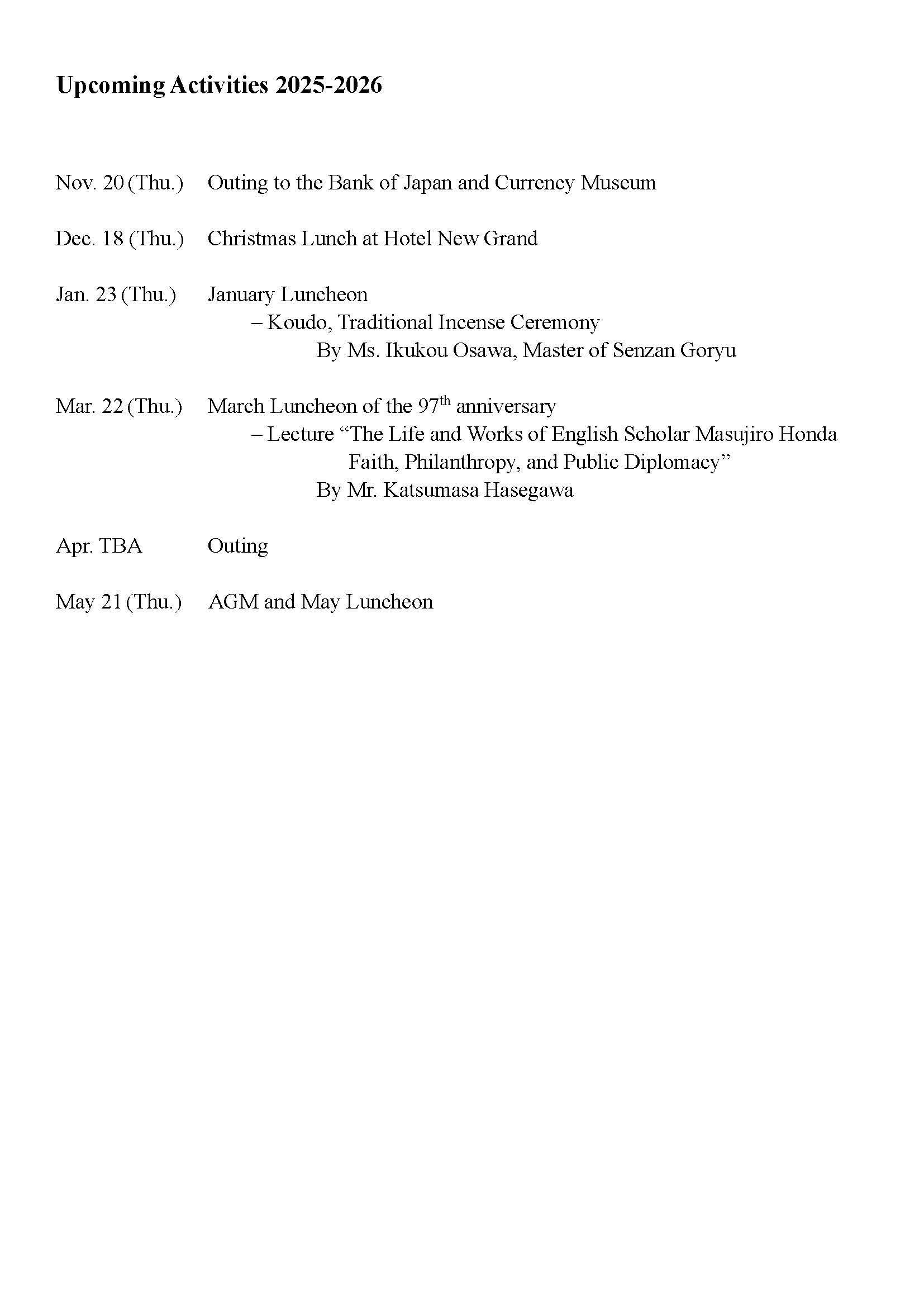 Upcoming Activities 2025-2026